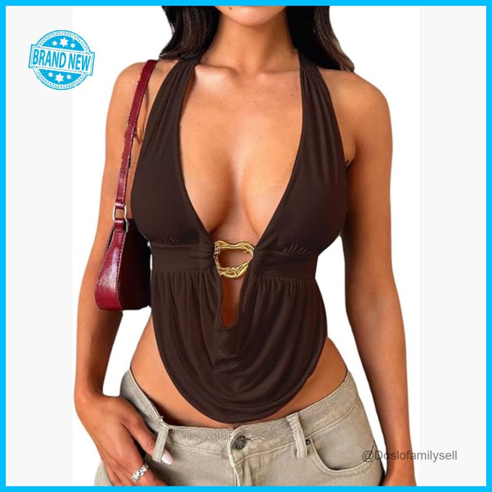 Y2K Halter Top V Neck Tie Back Sleeveless Open Back Sexy Going Out Crop